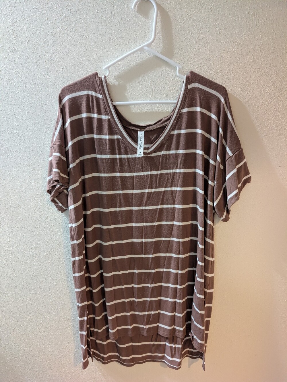 Women's Zenana Brown & White Striped V-Neck Tee